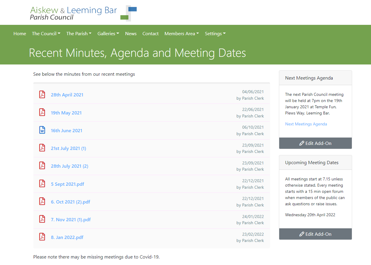 Screenshot of the sites Recent Minutes, Agenda and meeting dates page